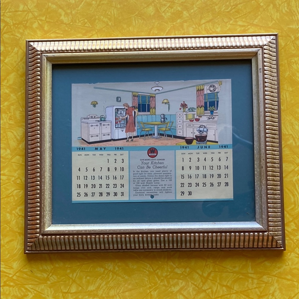 Vintage calendar page, framed.  May and June 1941!